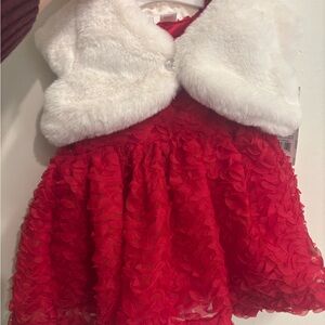 Red Dress with White Faux Fur Vest